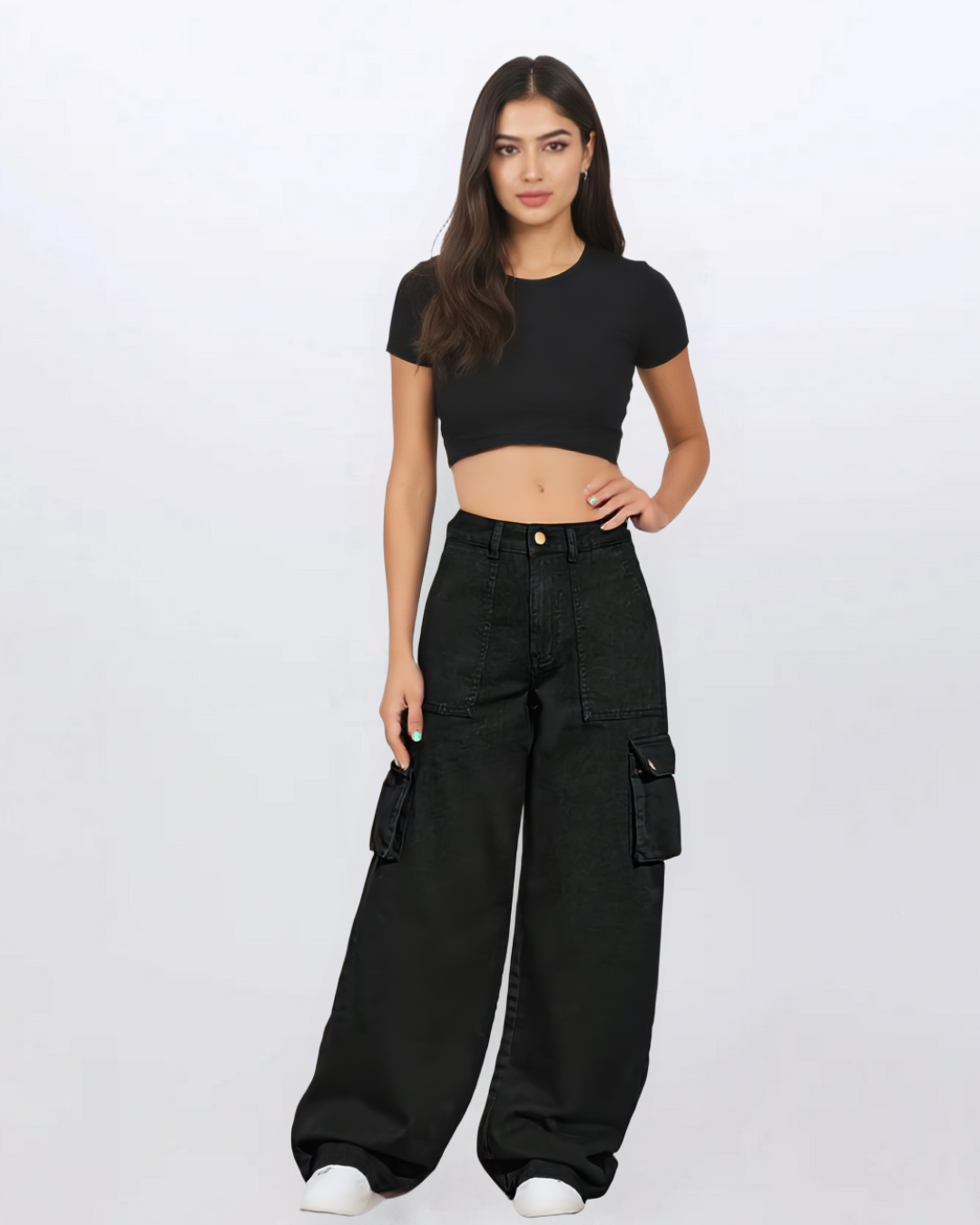 Woman wearing a black crop top and wide-leg cargo pants on a white background