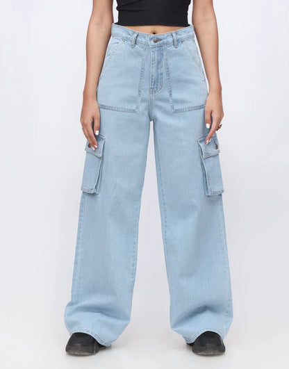 Light blue cargo pants worn by a person on a white background