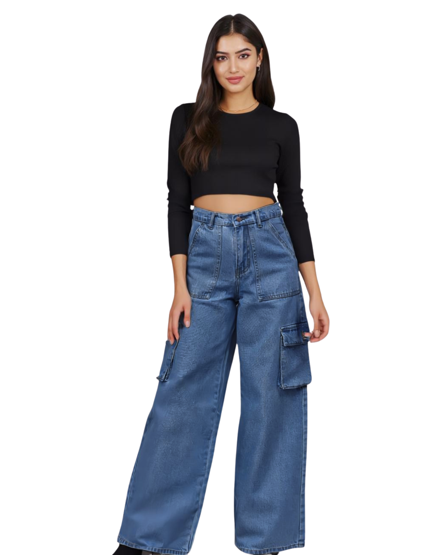 Woman wearing blue jeans and a black top on a white background