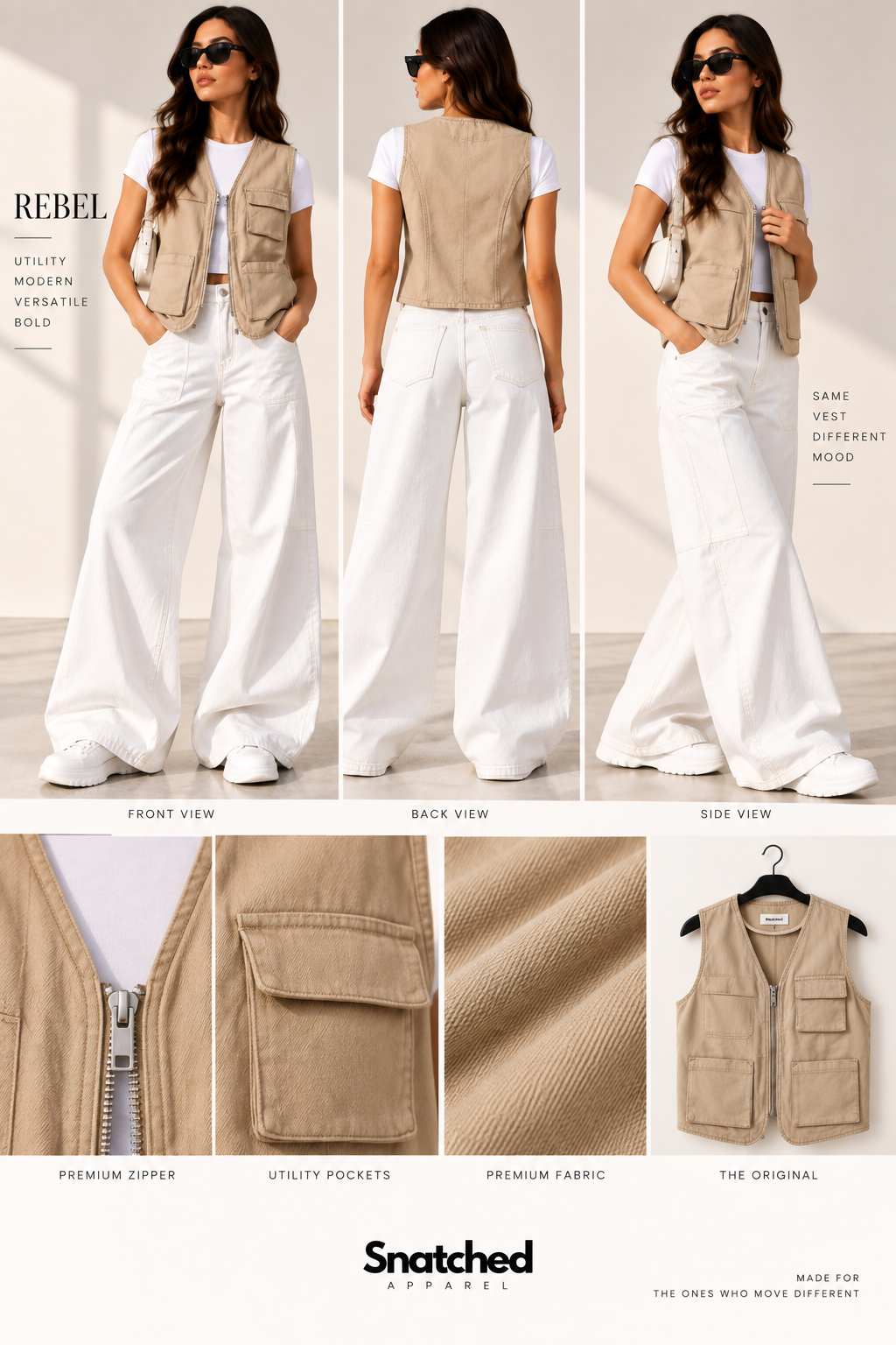REBEL utility vest styling, views and product detail guide