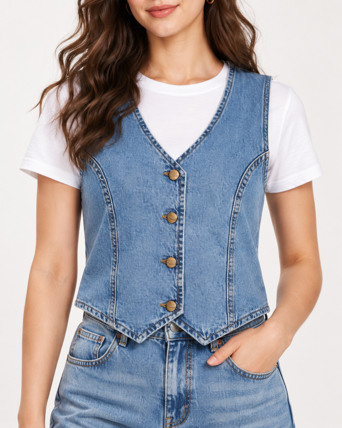SASSY Denim Vest - Blue fitted button-front vest; button-front detail on model