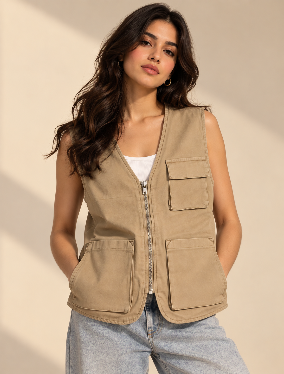 REBEL Utility Vest - Beige zip-front utility vest; zip-front styling on model