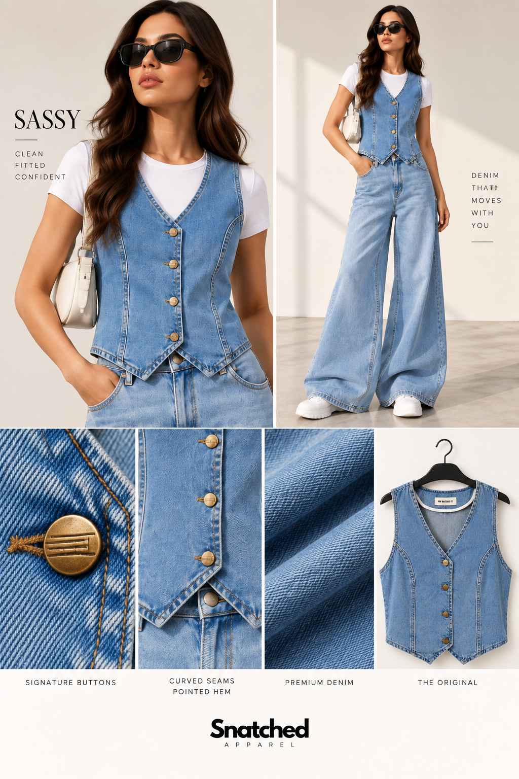 SASSY denim vest styling and product detail guide