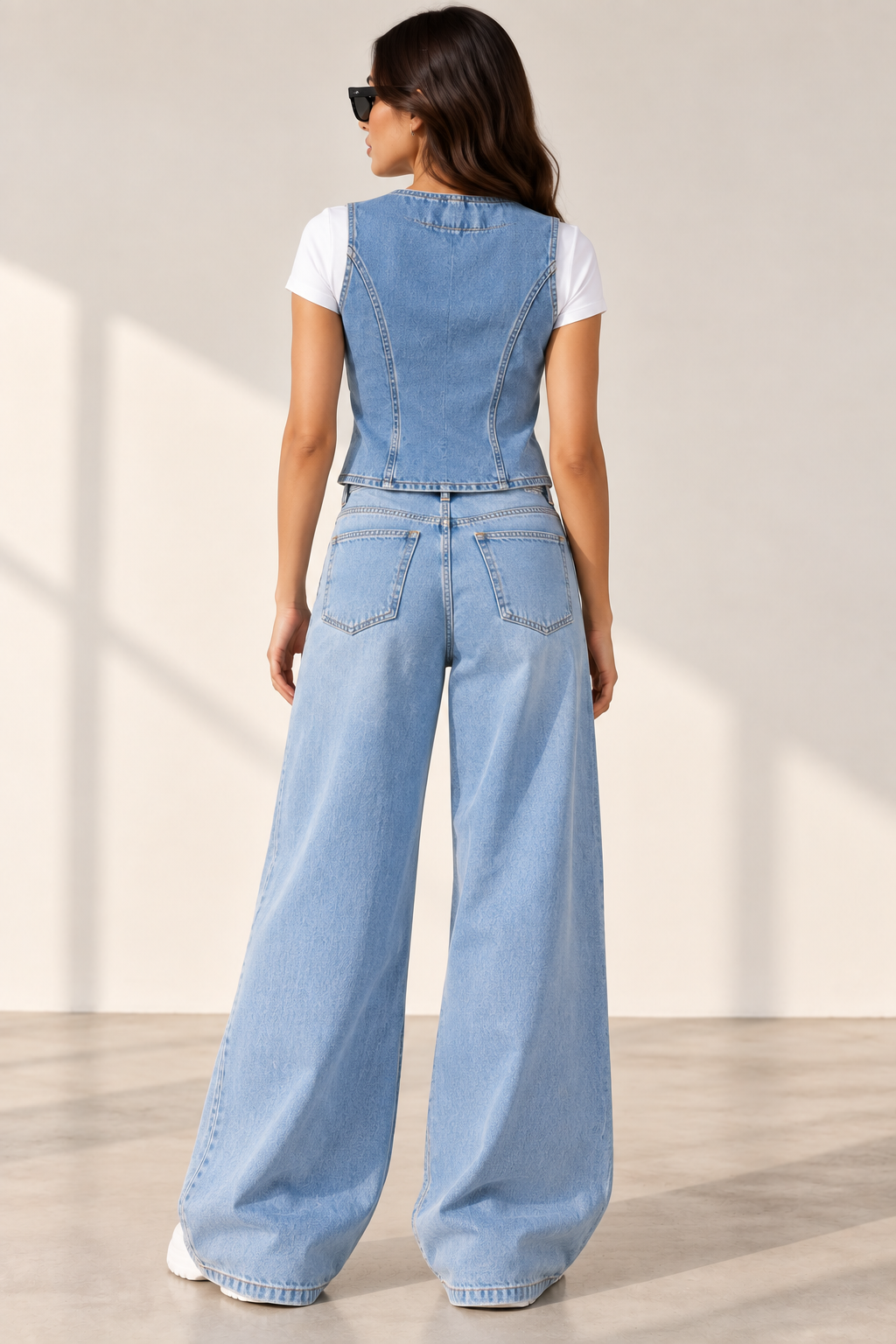 SASSY blue denim vest styled with wide-leg jeans - back view