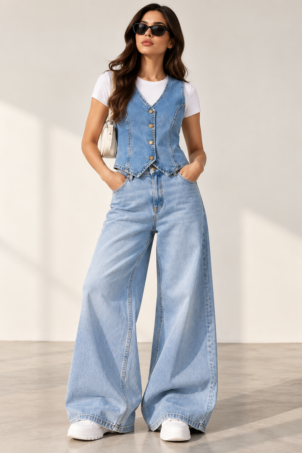 SASSY blue denim vest styled with white tee and wide-leg jeans - front view