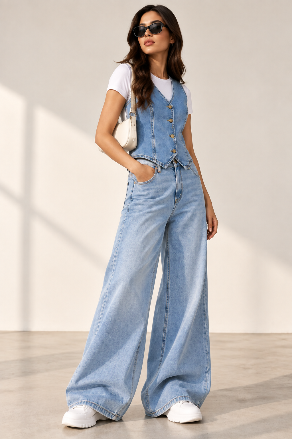 SASSY blue denim vest styled with wide-leg jeans - three-quarter view