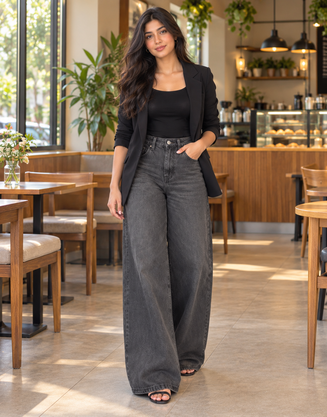 The Eclipse faded-black super wide-leg stretchy jeans styled with a black blazer in a café